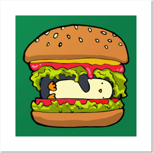 Penguin hiding in a burger Posters and Art